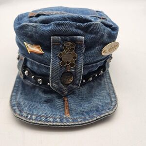 Road Rag Hat Cap Strap Back Mens Medium Blue Denim Biker Army Harley Pins